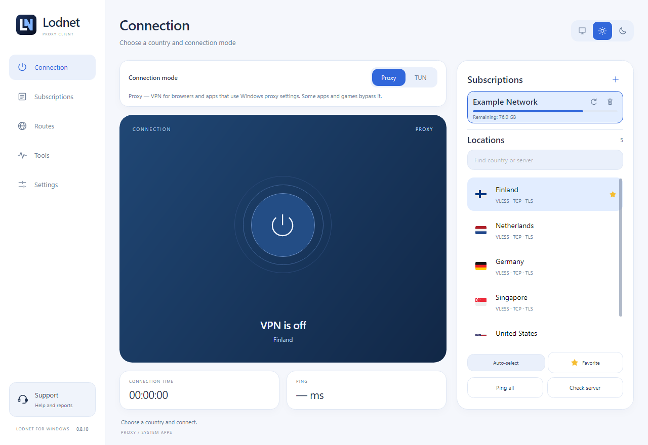 Lodnet application interface with example data